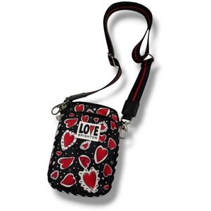 Brighton Hearts a Flutter Utility Bag Nylon Crossbody Black Red Heart‎ Print